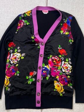 Kate Spade Collection Silk Wool Floral Rose Print Cardigan Black Orchid Trim M